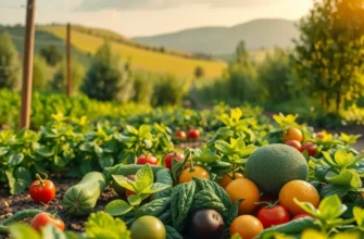 A vibrant landscape showcasing an array of fruits and vegetables growing naturally in a sunlit field.