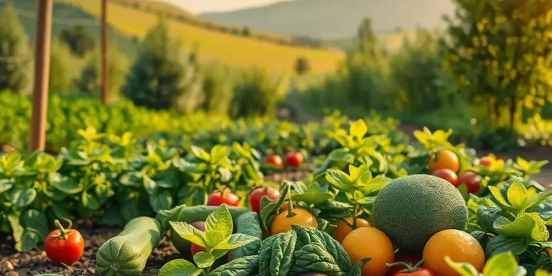 A vibrant landscape showcasing an array of fruits and vegetables growing naturally in a sunlit field.