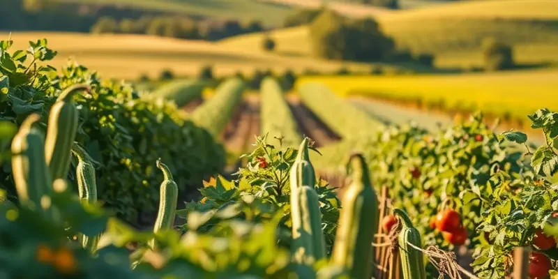 A sunlit field abundant with fresh fruits and vegetables, emblematic of the connections between food and cultural identity.