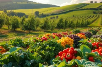 A vivid scene of nature filled with vibrant fruits and vegetables, representing the various culinary seasons.