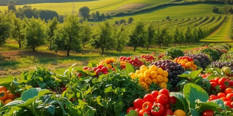 A vivid scene of nature filled with vibrant fruits and vegetables, representing the various culinary seasons.