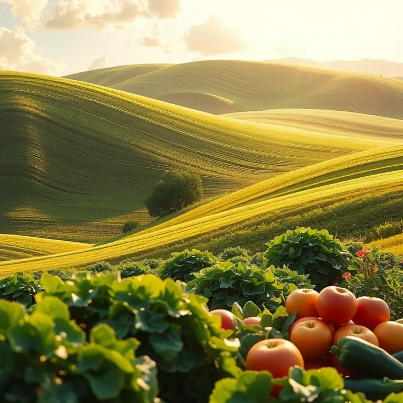 A vibrant orchard showcasing an abundance of fresh fruits and vegetables.