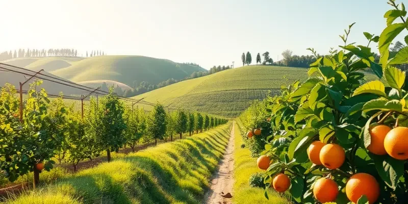A photorealistic landscape of a sunlit field with an abundance of organic vegetables and fruits.