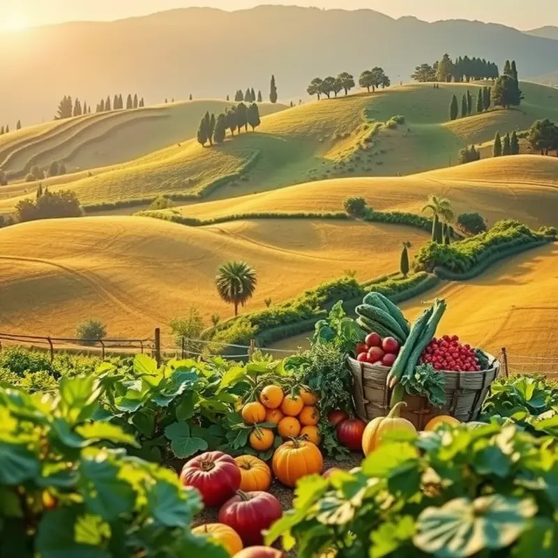 A serene sunlit field abundant with fresh produce, representing the connection between mindfulness and nutrition.