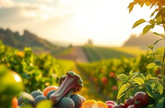 A serene landscape featuring a field of vibrant vegetables and fruits under warm sunlight.