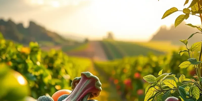 A serene landscape featuring a field of vibrant vegetables and fruits under warm sunlight.