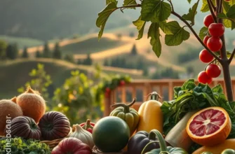 A picturesque field filled with organic fruits and vegetables under soft sunlight.