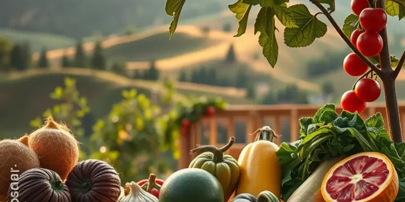 A picturesque field filled with organic fruits and vegetables under soft sunlight.