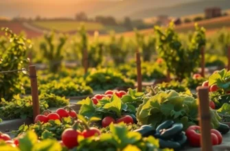 A sunlit field with lush greenery and vibrant organic vegetables.