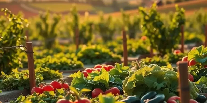 A sunlit field with lush greenery and vibrant organic vegetables.
