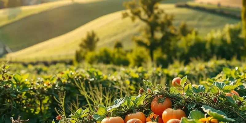 A vibrant landscape focusing on organic fruits and vegetables in a sunlit setting.