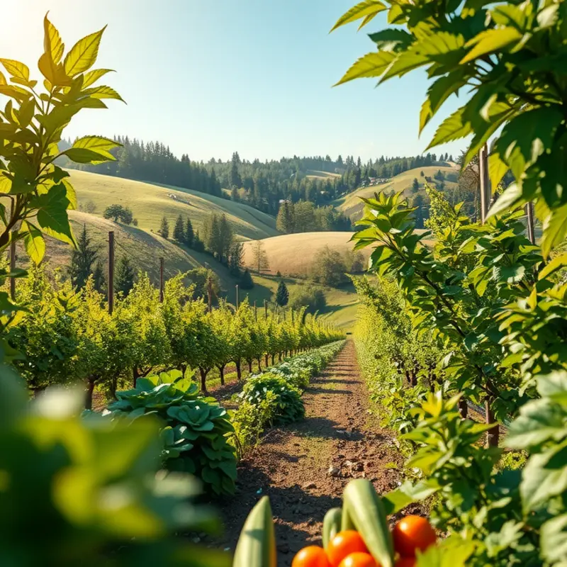A sunlit orchard filled with vibrant vegetables and fruits.