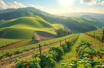 A radiant orchard filled with colorful fruits and lush greenery, symbolizing organic abundance.