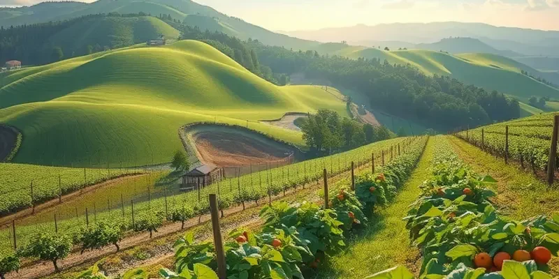 A radiant orchard filled with colorful fruits and lush greenery, symbolizing organic abundance.