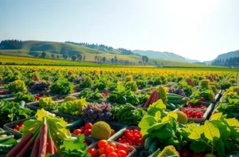 A vibrant field filled with fresh vegetables and fruits, epitomizing health and vitality.