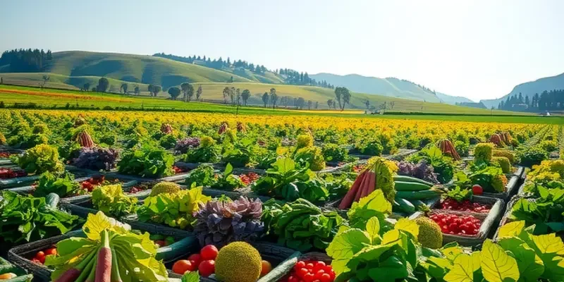 A vibrant field filled with fresh vegetables and fruits, epitomizing health and vitality.