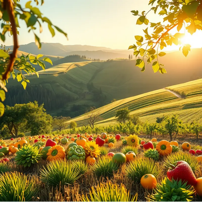 A serene landscape showcasing the abundance of nature and nutritious produce.