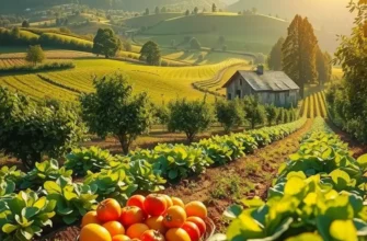 A tranquil organic farm filled with different vibrant fruits and vegetables under gentle sunlight.