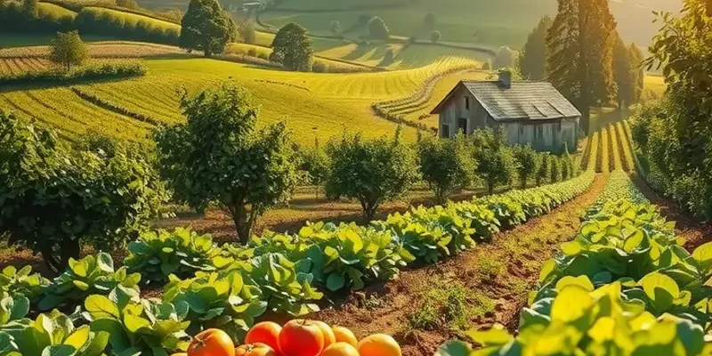 A tranquil organic farm filled with different vibrant fruits and vegetables under gentle sunlight.