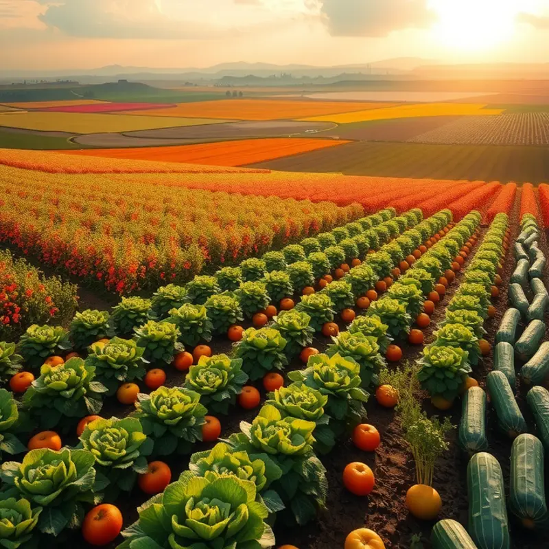 A sunlit orchard bursting with vibrant fruits and vegetables, symbolizing the bounty behind global meat preservation methods.