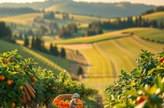 A picturesque field filled with organic vegetables and fruits, bathed in sunlight.