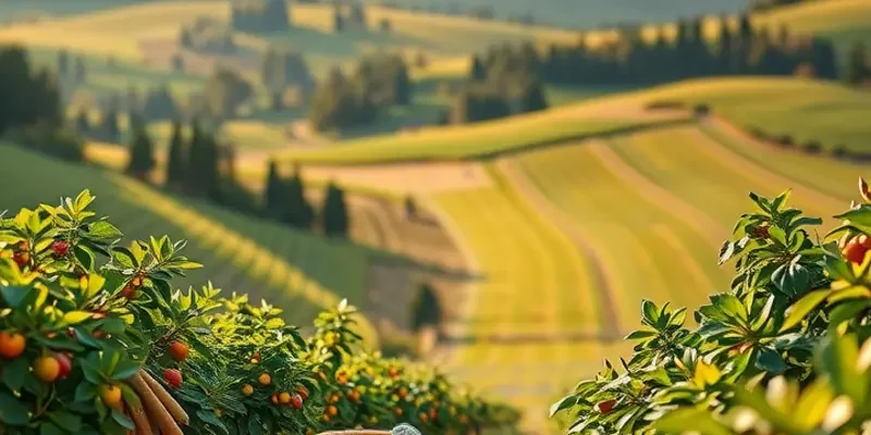 A picturesque field filled with organic vegetables and fruits, bathed in sunlight.