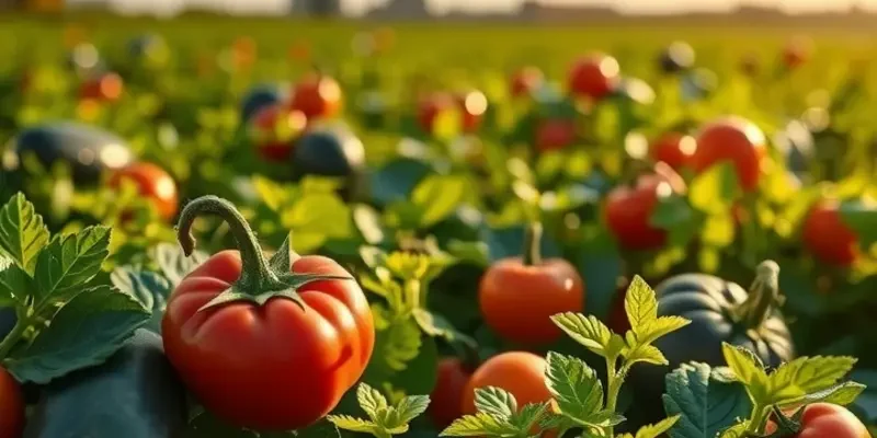 A sunlit field with an abundant growth of vegetables and fruits, emphasizing natural beauty.