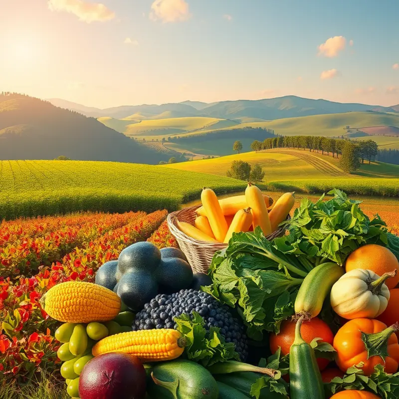 A sunlit field abundant with organic vegetables and fruits, reflecting the essence of rural cooking.