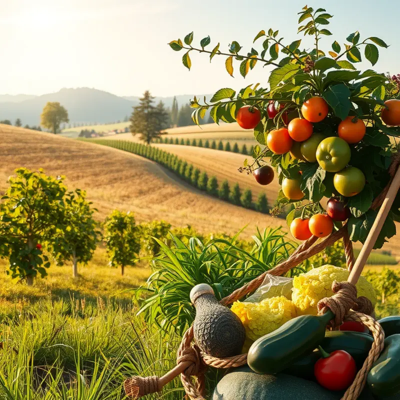A sunlit field abundant with fresh vegetables and fruits.