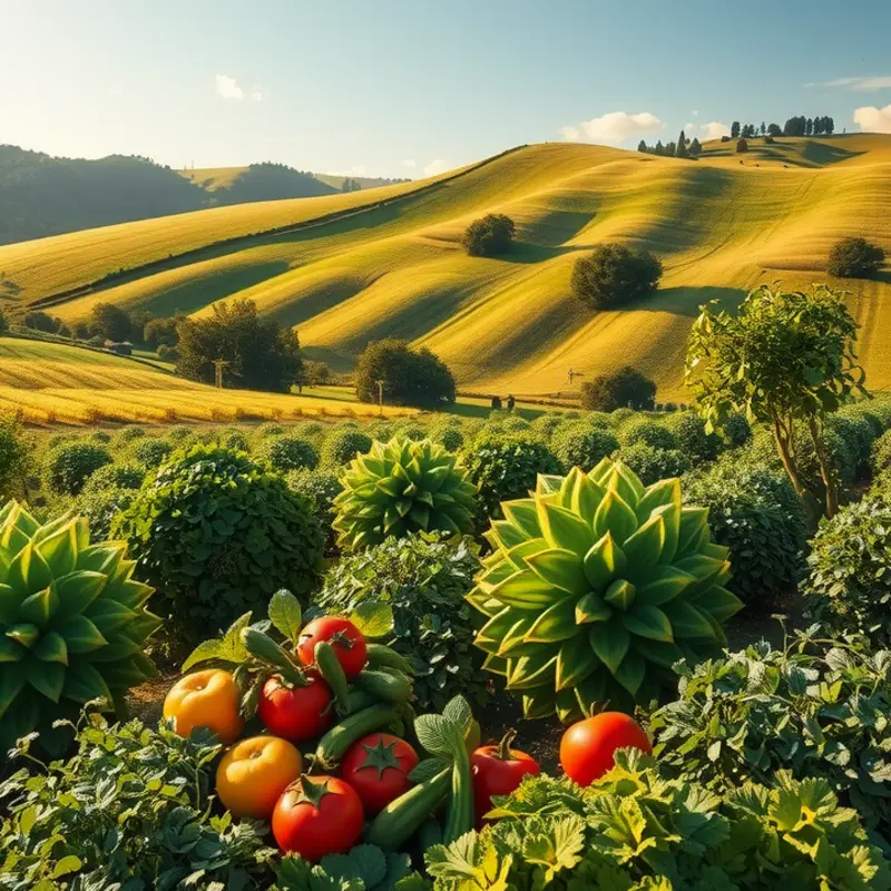 A sunlit orchard flourishing with organic produce, showcasing the abundance of nature.