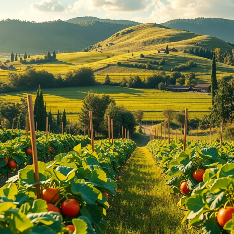 A vibrant sunlit field showcasing a variety of fresh, organic vegetables.
