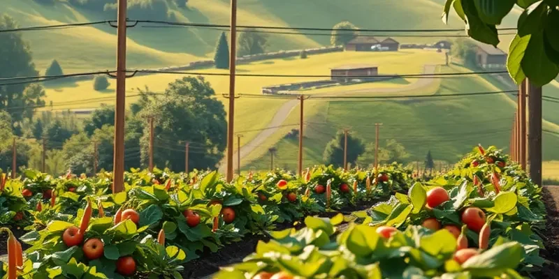 A lush field abundant with fruits and vegetables under sunlight, symbolizing the beauty of nurturing healthy eating habits.