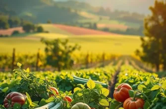 A tranquil landscape featuring an abundance of organic produce in a sunlit field.