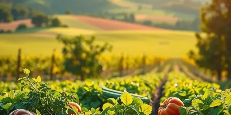 A tranquil landscape featuring an abundance of organic produce in a sunlit field.