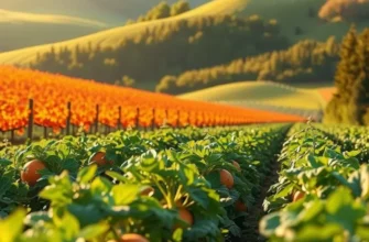A beautiful sunlit field displaying a variety of fresh fruits and vegetables growing naturally.
