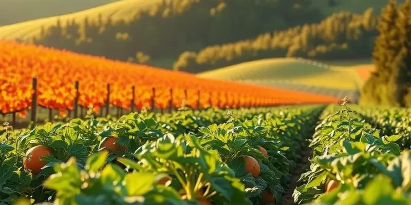 A beautiful sunlit field displaying a variety of fresh fruits and vegetables growing naturally.