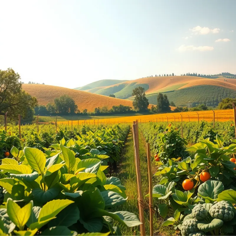 A vibrant orchard showcasing fresh vegetables and fruits, representing the essence of the Eco-Atkins diet.