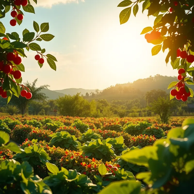 A vibrant orchard showcasing fresh vegetables and fruits, representing the essence of the Eco-Atkins diet.