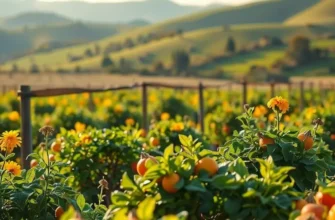 A stunning view of a sunlit landscape filled with organic fruits and vegetables growing naturally in a vibrant setting.