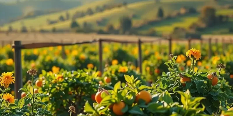 A stunning view of a sunlit landscape filled with organic fruits and vegetables growing naturally in a vibrant setting.