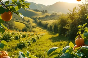 A vibrant field with organic fruits and vegetables thriving in a natural environment.