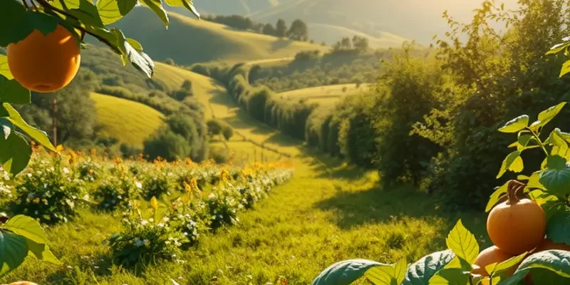 A vibrant field with organic fruits and vegetables thriving in a natural environment.