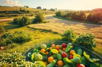 A lush sunlit field filled with diverse organic fruits and vegetables in a natural setting.