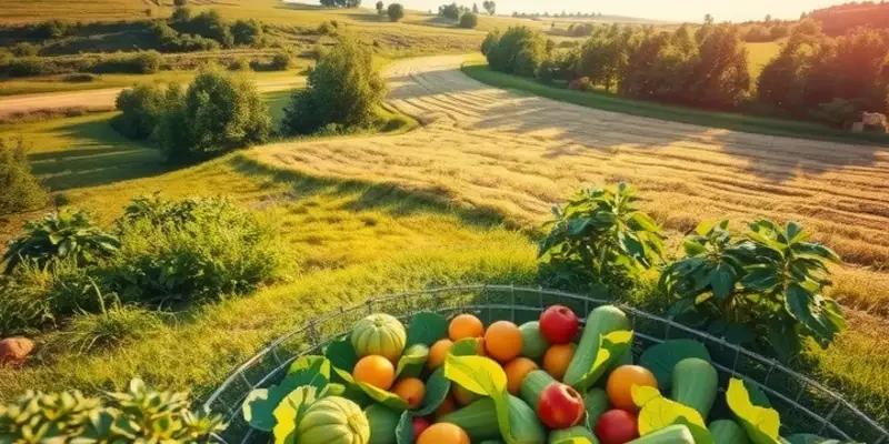 A lush sunlit field filled with diverse organic fruits and vegetables in a natural setting.