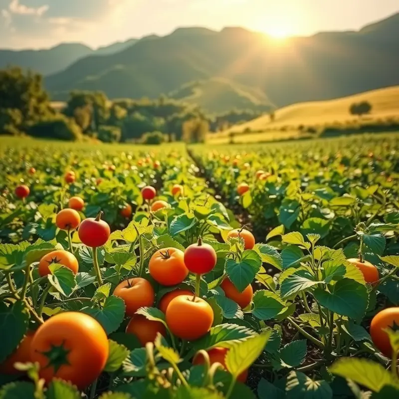 A vibrant sunlit field filled with organic produce, representing nature’s abundance.