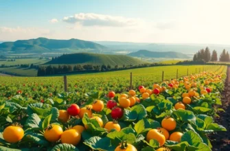 A scenic view of a sunlit field overflowing with organic fruits and vegetables in a lush environment.