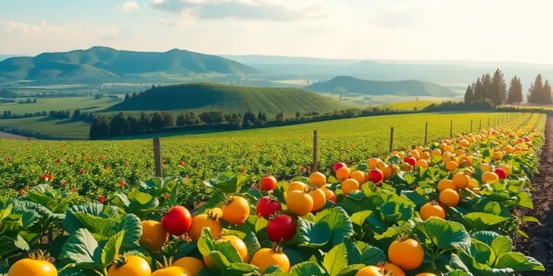 A scenic view of a sunlit field overflowing with organic fruits and vegetables in a lush environment.