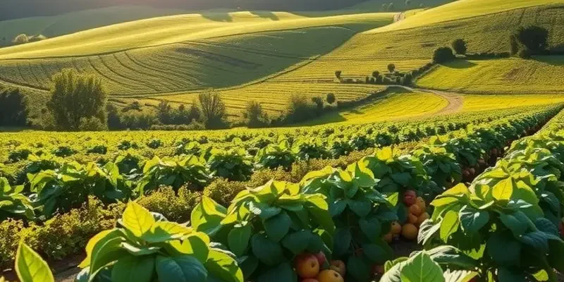 A vibrant landscape showing a field of organic fruits and vegetables growing under natural sunlight.