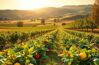 A picturesque scene of a vibrant organic field filled with fruits and vegetables under soft warm light.