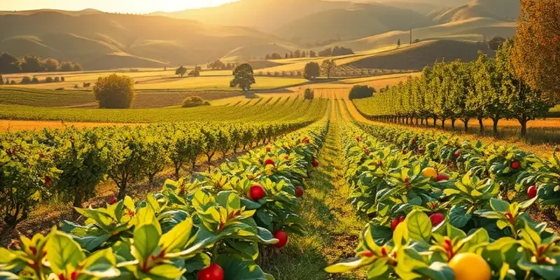 A picturesque scene of a vibrant organic field filled with fruits and vegetables under soft warm light.